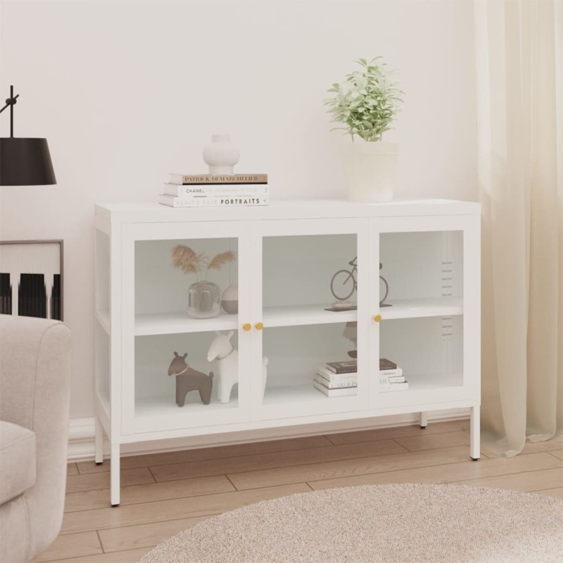 Credenza Bianca 105x35x70 cm in Acciaio e Vetro Credenza Bianca 105x35x70 cm in Acciaio e Vetro