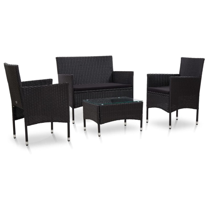 Set Divani da Giardino 4 pz con Cuscini in Polyrattan Nero Set Divani da Giardino 4 pz con Cuscini in Polyrattan Nero