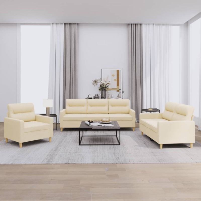 Set di Divani 3 pz con Cuscini Crema in Tessuto Set di Divani 3 pz con Cuscini Crema in Tessuto