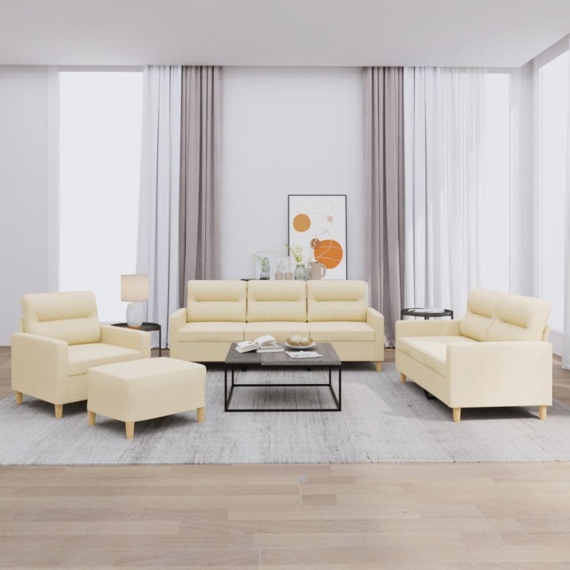 Set di Divani 4 pz con Cuscini Crema in Tessuto Set di Divani 4 pz con Cuscini Crema in Tessuto