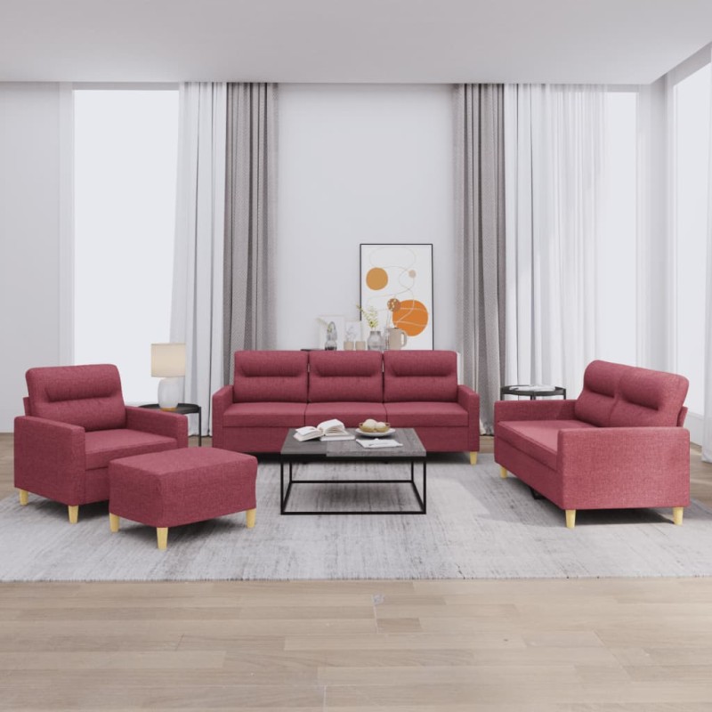 Set di Divani 4 pz con Cuscini Rosso Vino in Tessuto Set di Divani 4 pz con Cuscini Rosso Vino in Tessuto