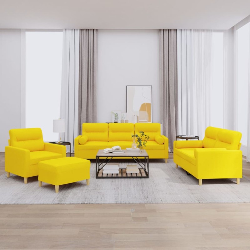 Set di Divani 4 pz con Cuscini Giallo Chiaro in Tessuto Set di Divani 4 pz con Cuscini Giallo Chiaro in Tessuto