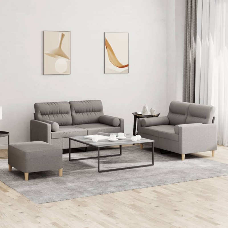 Set Divani 3 pz con Cuscini Tortora in Tessuto Set Divani 3 pz con Cuscini Tortora in Tessuto
