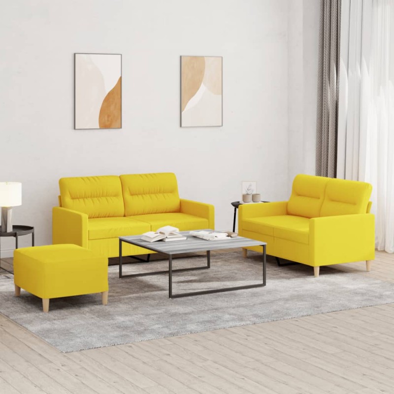 Set di Divani 3 pz con Cuscini Giallo Chiaro in Tessuto Set di Divani 3 pz con Cuscini Giallo Chiaro in Tessuto