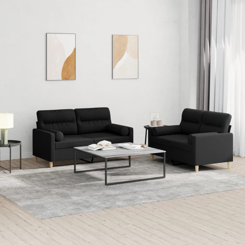Set Divani 2 pz con Cuscini Nero in Tessuto Set Divani 2 pz con Cuscini Nero in Tessuto
