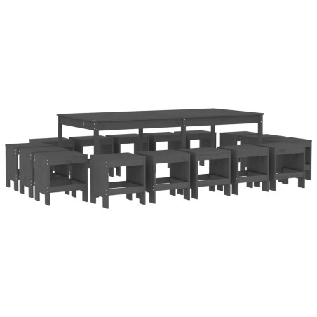 Set da Pranzo per Giardino 17pz Grigio Legno Massello di Pino