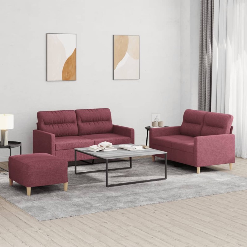 Set di Divani 3 pz con Cuscini Rosso Vino in Tessuto Set di Divani 3 pz con Cuscini Rosso Vino in Tessuto