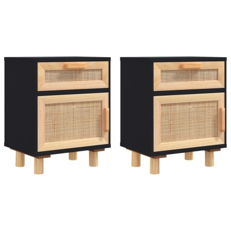 Comodini 2 pz Neri in Legno Massello di Pino e Rattan Naturale