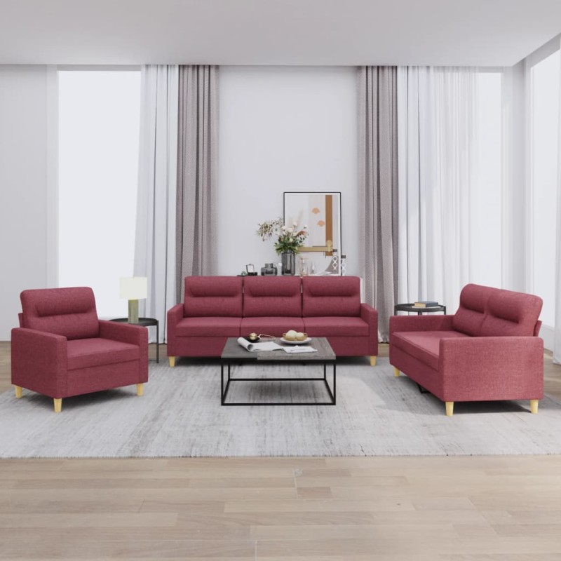 Set di Divani 3 pz con Cuscini Rosso Vino in Tessuto Set di Divani 3 pz con Cuscini Rosso Vino in Tessuto