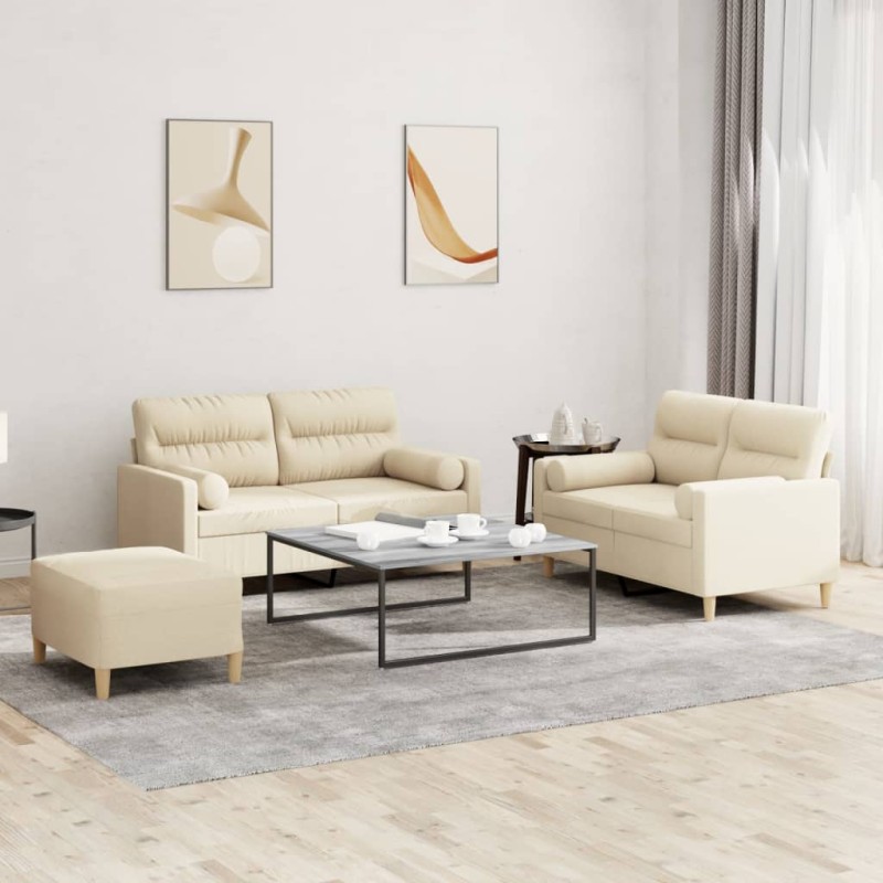 Set Divani 3 pz con Cuscini Crema in Tessuto Set Divani 3 pz con Cuscini Crema in Tessuto