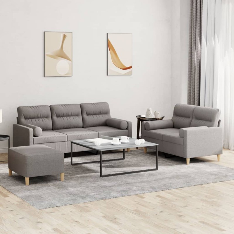 Set Divani 3 pz con Cuscini Tortora in Tessuto Set Divani 3 pz con Cuscini Tortora in Tessuto