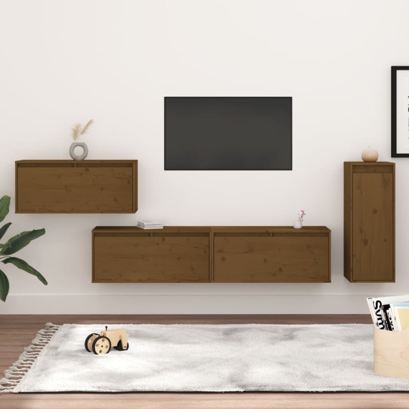 Mobili Porta TV 4 pz Marrone Miele in Legno Massello di Pino Mobili Porta TV 4 pz Marrone Miele in Legno Massello di Pino