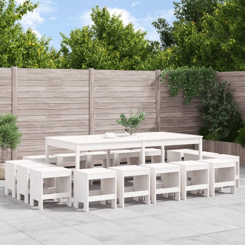 Set da Pranzo per Giardino 17pz Bianco Legno Massello di Pino Set da Pranzo per Giardino 17pz Bianco Legno Massello di Pino