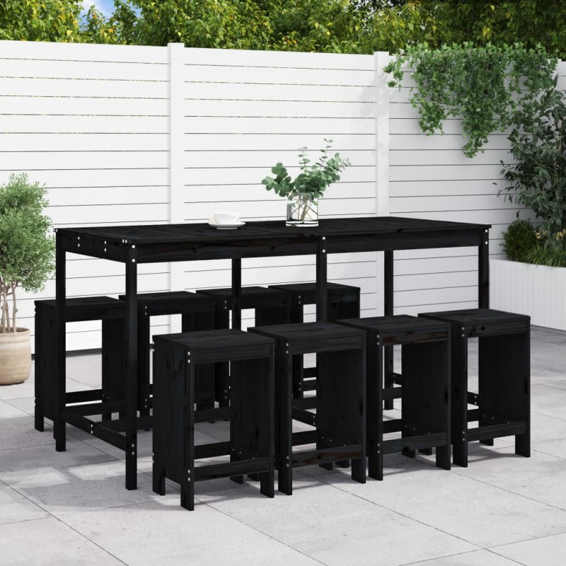 Set Bar da Giardino 9 pz Nero in Legno Massello di Pino Set Bar da Giardino 9 pz Nero in Legno Massello di Pino