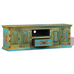 Mobile Porta TV in Legno Massello di Mango Blu Dipinto a Mano
