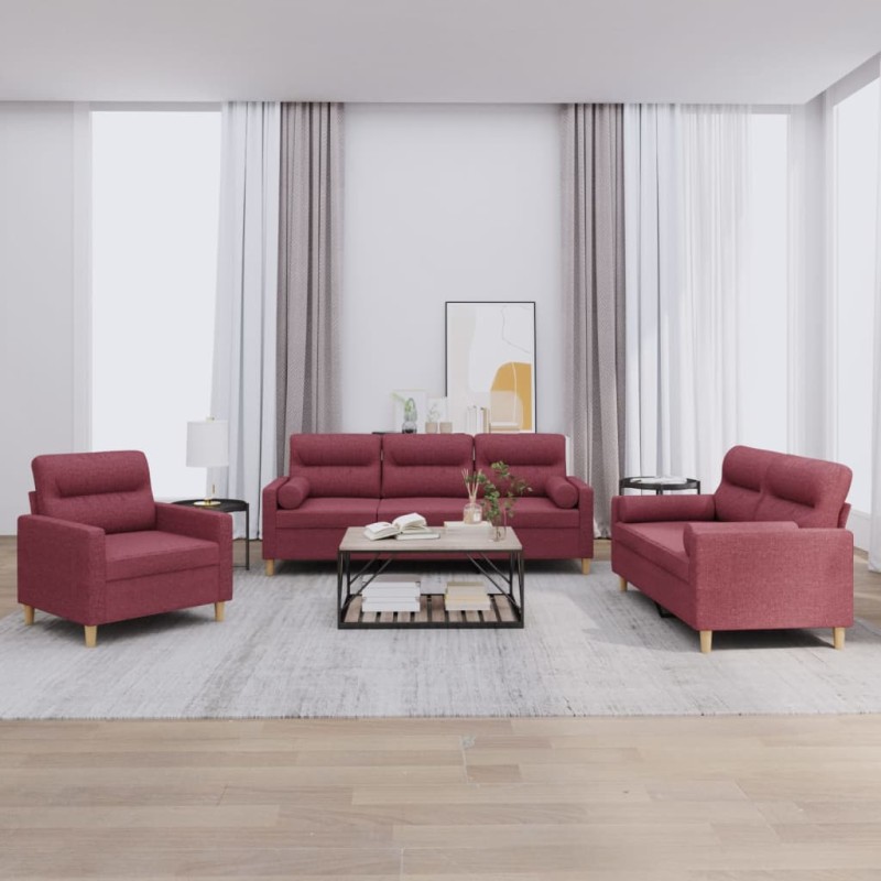 Set di Divani 3 pz con Cuscini Rosso Vino in Tessuto Set di Divani 3 pz con Cuscini Rosso Vino in Tessuto