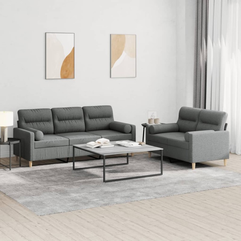 Set di Divani 2 pz con Cuscini Grigio Scuro in Tessuto Set di Divani 2 pz con Cuscini Grigio Scuro in Tessuto