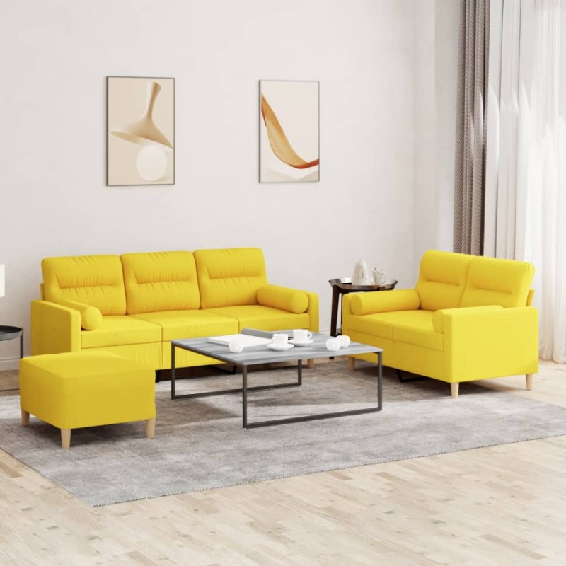 Set di Divani 3 pz con Cuscini Giallo Chiaro in Tessuto Set di Divani 3 pz con Cuscini Giallo Chiaro in Tessuto