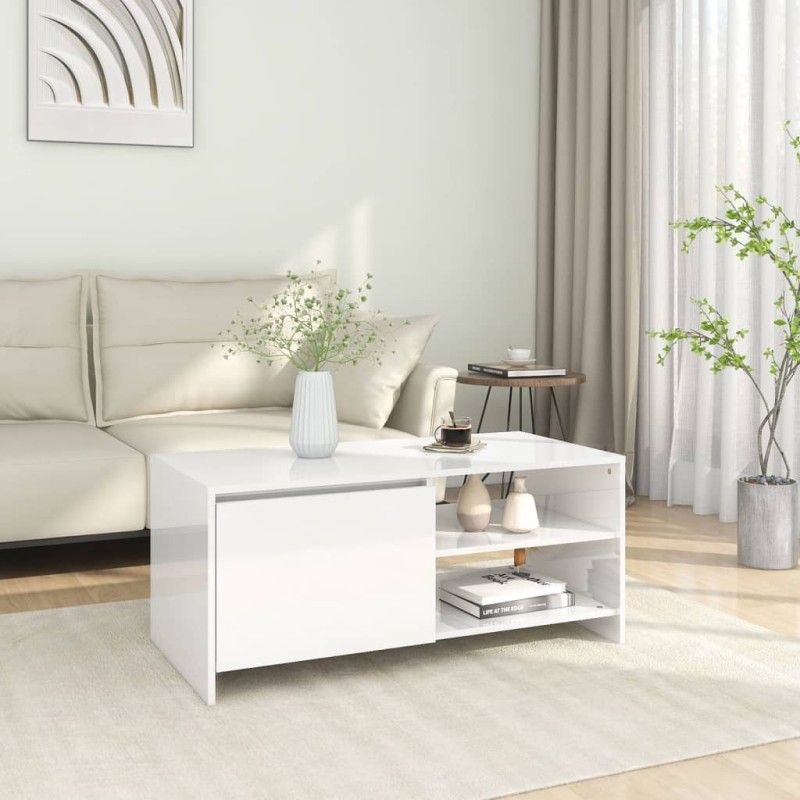 Tavolino da Salotto Bianco Lucido 102x50x45cm Legno Multistrato