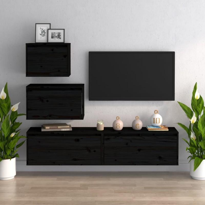 Mobili Porta TV 4 pz Neri in Legno Massello di Pino Mobili Porta TV 4 pz Neri in Legno Massello di Pino