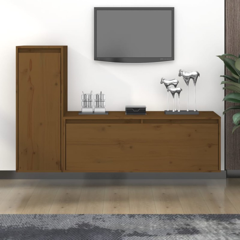 Mobili Porta TV 2 pz Miele in Legno Massello di Pino Mobili Porta TV 2 pz Miele in Legno Massello di Pino