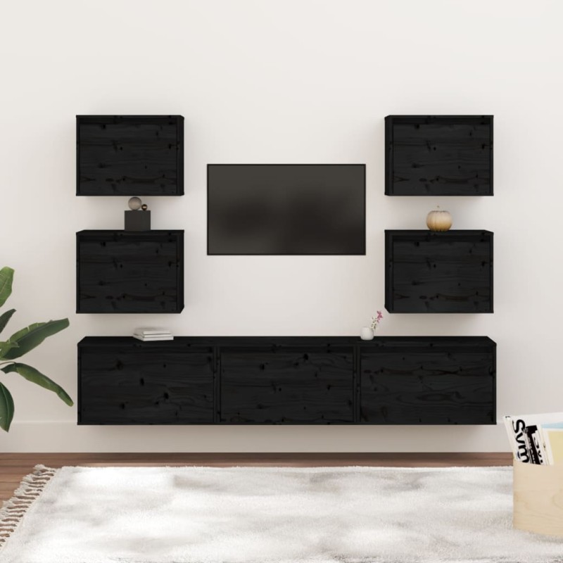 Mobili Porta TV 7 pz Neri in Legno Massello di Pino Mobili Porta TV 7 pz Neri in Legno Massello di Pino