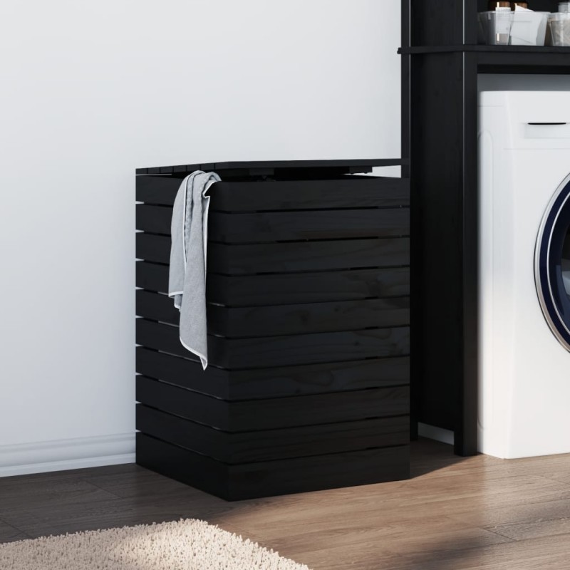 Cesto per Bucato Nero 44x44x66 cm Legno Massello Pino