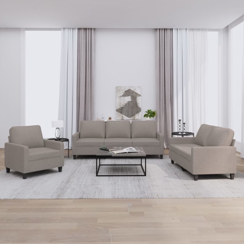 Set di Divani 3 pz con Cuscini Tortora in Tessuto Set di Divani 3 pz con Cuscini Tortora in Tessuto
