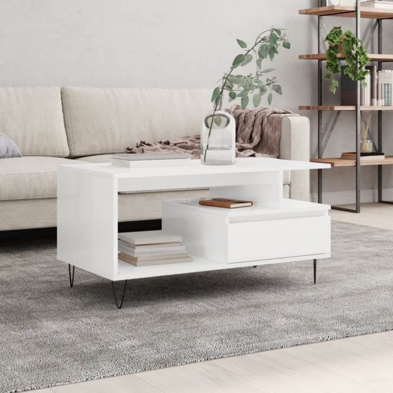 Tavolino da Salotto Bianco Lucido 90x49x45 cm Legno Multistrato