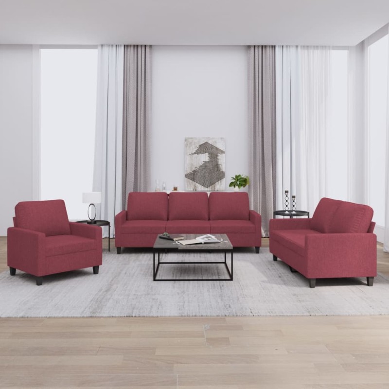 Set di Divani 3 pz con Cuscini Rosso Vino in Tessuto Set di Divani 3 pz con Cuscini Rosso Vino in Tessuto