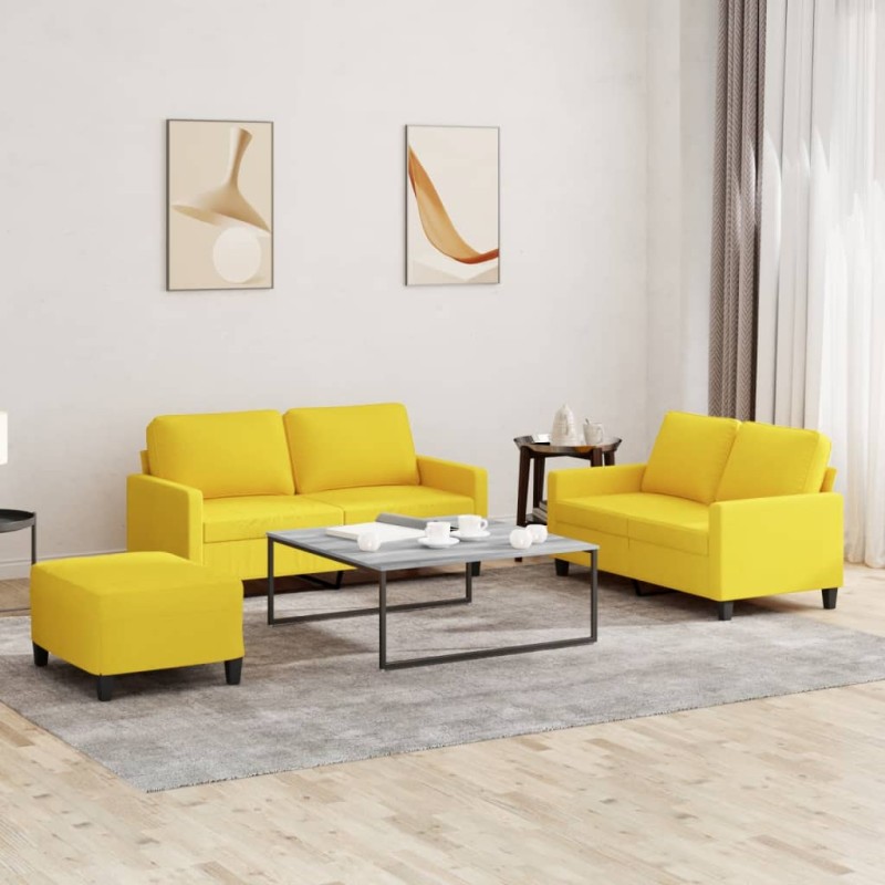 Set di Divani 3 pz con Cuscini Giallo Chiaro in Tessuto Set di Divani 3 pz con Cuscini Giallo Chiaro in Tessuto