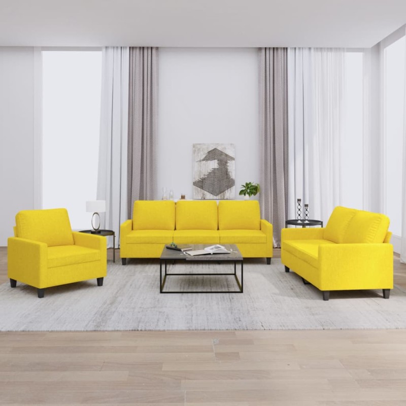Set di Divani 3 pz con Cuscini Giallo Chiaro in Tessuto Set di Divani 3 pz con Cuscini Giallo Chiaro in Tessuto