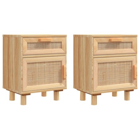 Comodini 2 pz Marroni Legno Massello di Pino e Rattan Naturale