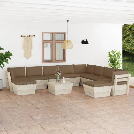 Set Divani da Giardino su Pallet 11 pz con Cuscini Legno Abete