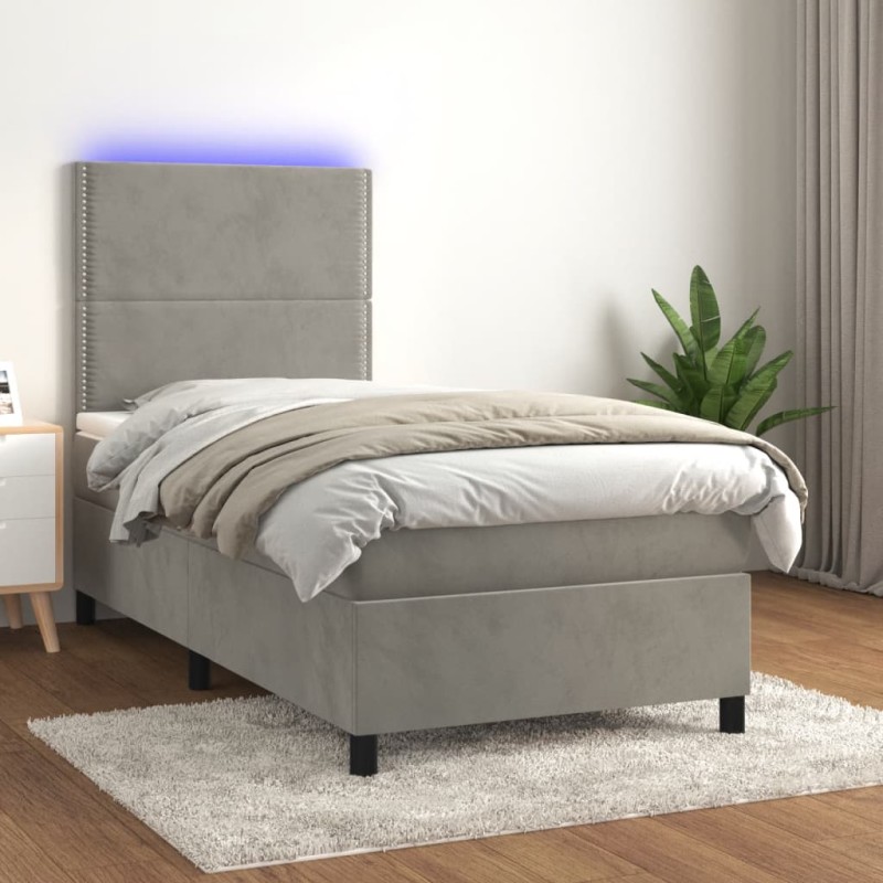 Letto a Molle Materasso e LED Grigio Chiaro 90x190 cm Velluto Letto a Molle Materasso e LED Grigio Chiaro 90x190 cm Velluto