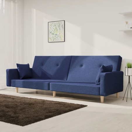 Divano Letto a 2 Posti con 2 Cuscini Blu in Tessuto