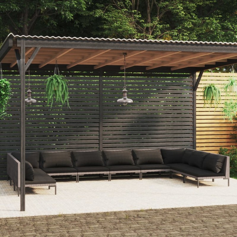 Set Divani Giardino 10pz con Cuscini in Polyrattan Grigio Scuro Set Divani Giardino 10pz con Cuscini in Polyrattan Grigio Scuro