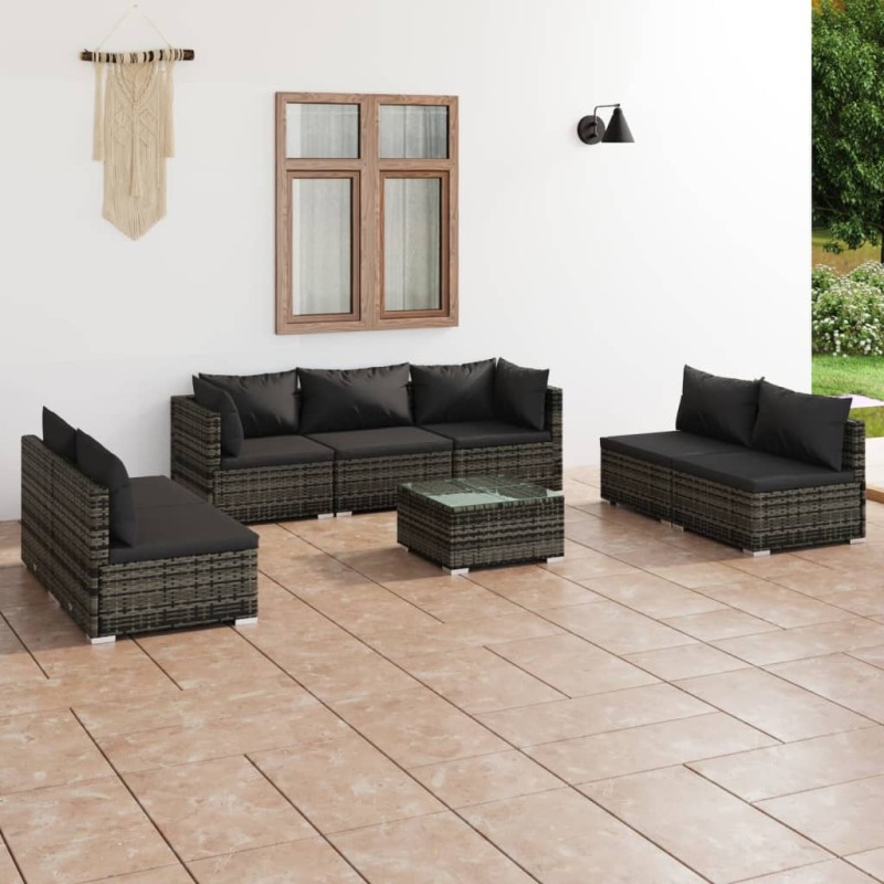 Set Divani da Giardino con Cuscini 8 pz in Polyrattan Grigio