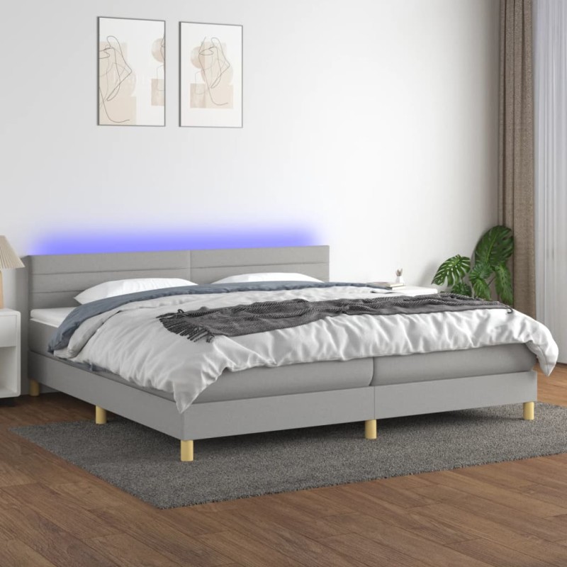 Letto a Molle Materasso e LED Grigio Chiaro 200x200 cm Tessuto Letto a Molle Materasso e LED Grigio Chiaro 200x200 cm Tessuto