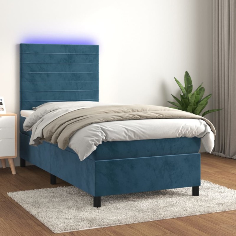 Letto a Molle con Materasso e LED Blu Scuro 90x200cm in Velluto Letto a Molle con Materasso e LED Blu Scuro 90x200cm in Velluto