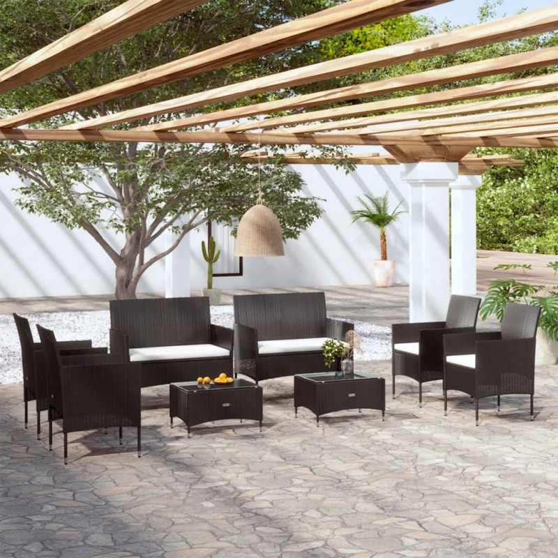 Set Divani da Giardino 8 pz con Cuscini in Polyrattan Nero Set Divani da Giardino 8 pz con Cuscini in Polyrattan Nero