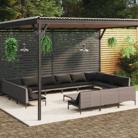 Set Divani da Giardino 14pz con Cuscini Polyrattan Grigio Scuro