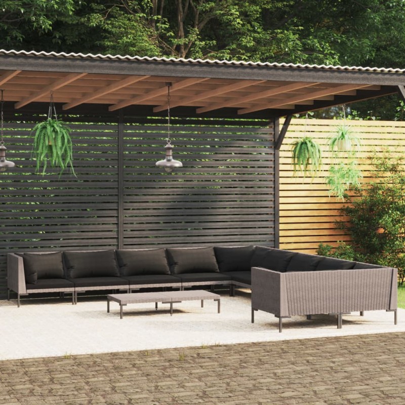 Set Divani Giardino 11pz con Cuscini in Polyrattan Grigio Scuro Set Divani Giardino 11pz con Cuscini in Polyrattan Grigio Scuro