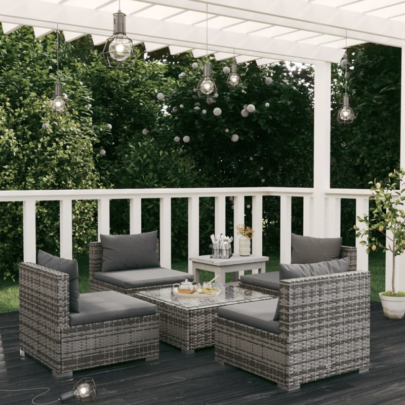 Set Divani da Giardino 5 pz con Cuscini in Polyrattan Grigio Set Divani da Giardino 5 pz con Cuscini in Polyrattan Grigio