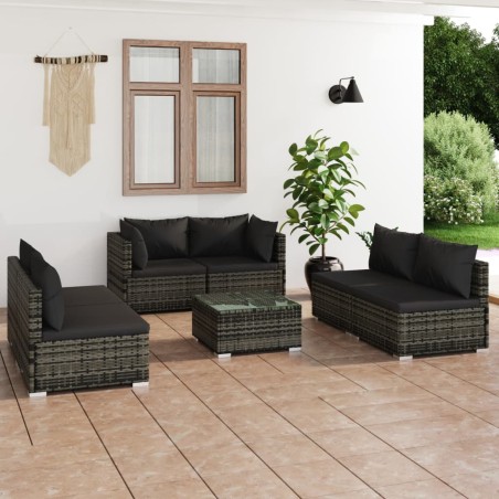 Set Divani da Giardino 7 pz con Cuscini in Polyrattan Grigio