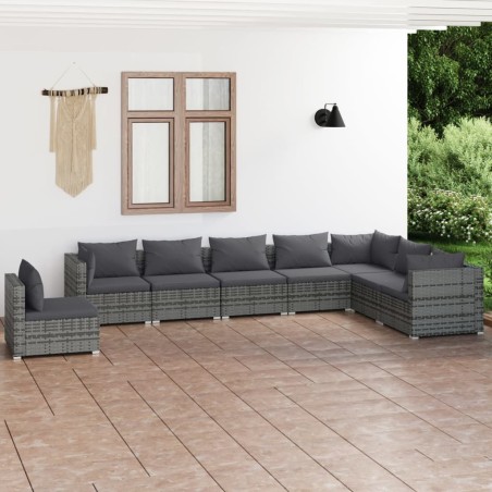 Set Divani da Giardino 8 pz con Cuscini in Polyrattan Grigio
