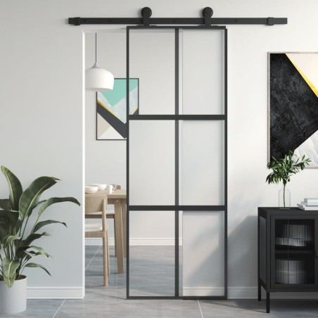 Porta Scorrevole Nera 76x205 cm in Vetro Temperato e Alluminio
