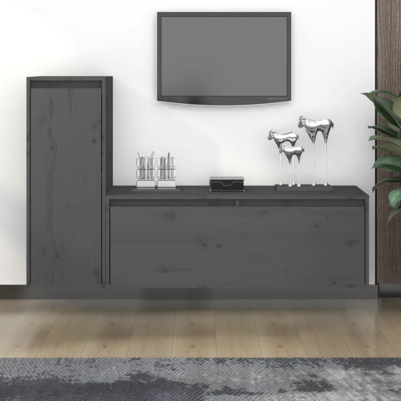 Mobili Porta TV 2 pz Grigi in Legno Massello di Pino Mobili Porta TV 2 pz Grigi in Legno Massello di Pino