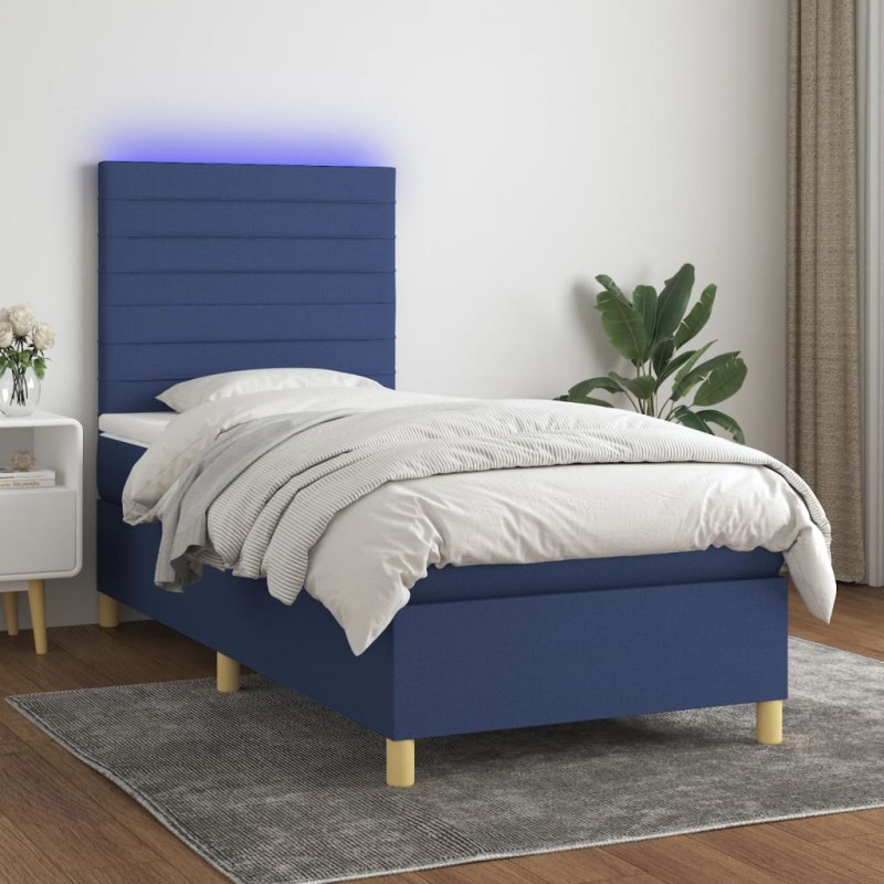 Letto a Molle con Materasso e LED Blu 90x200 cm in Tessuto Letto a Molle con Materasso e LED Blu 90x200 cm in Tessuto