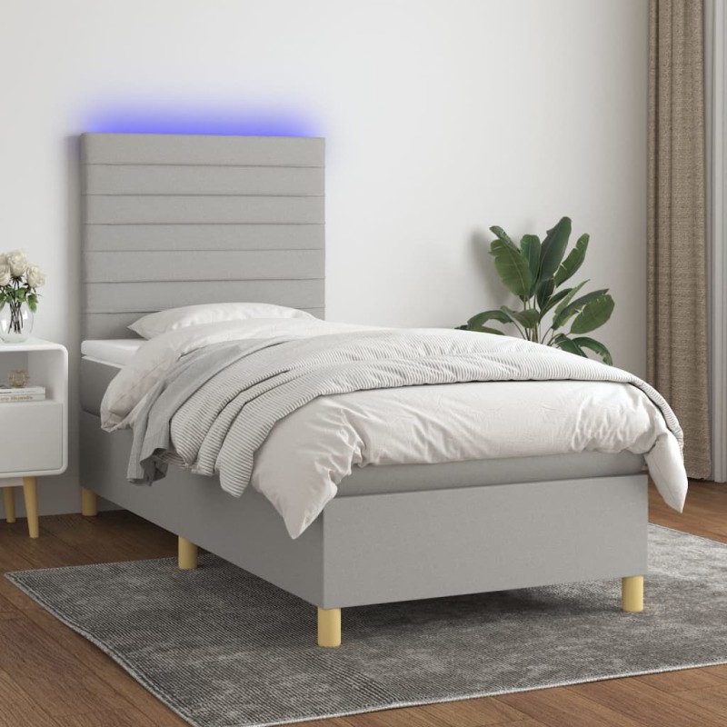 Letto a Molle Materasso e LED Grigio Chiaro 100x200 cm Tessuto Letto a Molle Materasso e LED Grigio Chiaro 100x200 cm Tessuto
